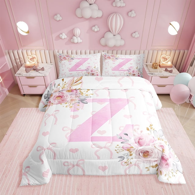 Erosebridal Initial Z Letter Bedding Queen Comforter Set, Floral Monogrammed Down Comforter, Initial A-Z Decor, Reversible