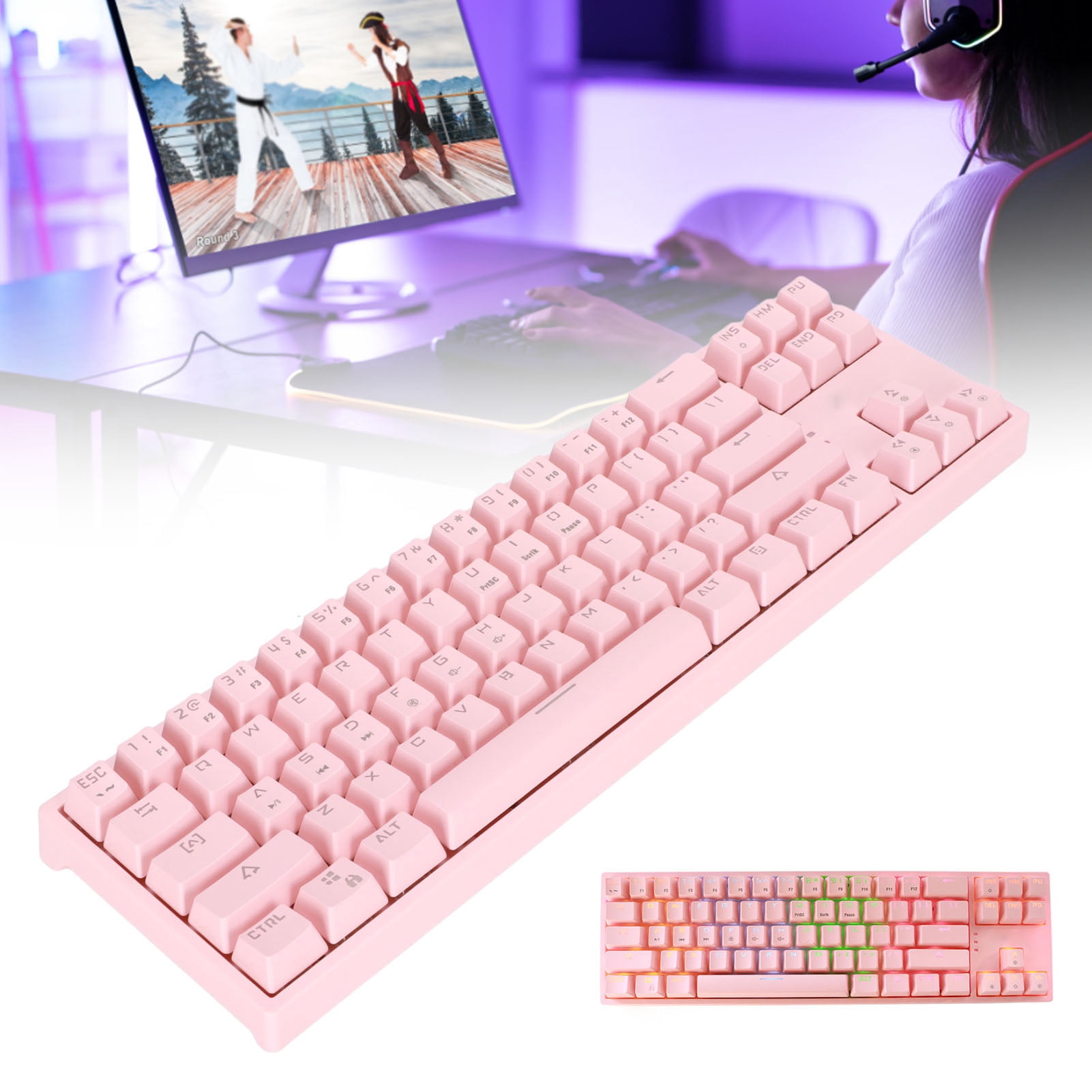 Type C Mechanical Keyboard, Mechanical Keyboard 71 Keys Blue Switch Quick Response  for Typing Pink
