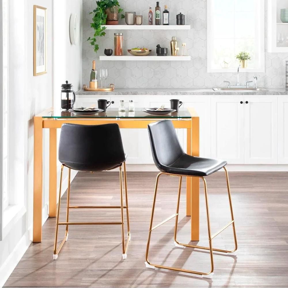 Tabouret en PU de la collection Heavenly, tabouret de comptoir en PU, tabouret moderne avec pieds dorés, tabouret de cuisine, tabouret de restaurant, tabouret d'îlot, avec repose-pieds - Lot de 2