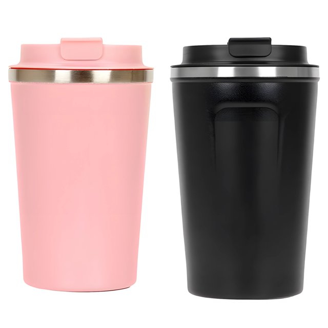 2 Pcs Insulated Coffee Mugs, 304 Stainless Steel Vacuum Thermos with One-Touch Lid, Leakproof Coffee Tumblers for Hot & Cold Drinks, Travel Coffee Cups, 12.8 oz, Black+Pink
