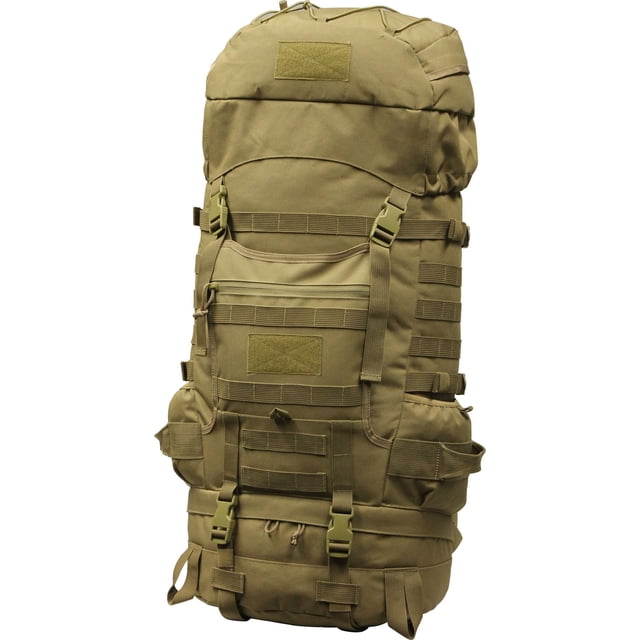 Mil-Spex Highlander Coyote Green Frame Pack front view in coyote green fabric with a large main compartment featuring top and front loading, front zippered pocket, side elastic bottle holders, heavy-duty PALS webbing for gear attachment, adjustable compression straps with plastic buckles, D-loops on shoulder straps, two small zip pockets on the waist strap, and axe loops, suitable for hiking, camping, and outdoor travel.