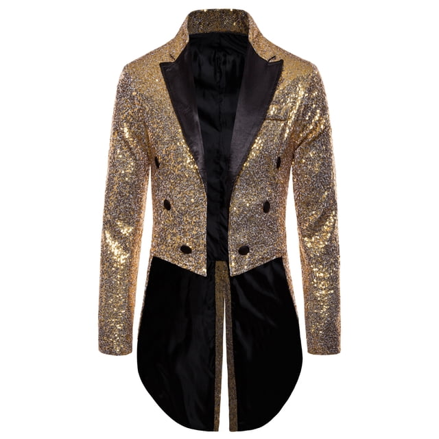 TheFound Complet pour Homme Paillettes Brillantes Col Rabattu Bal Queue-d'Hirondelle Tuxedo en Or. Ce Tuxedo à Manches Longues Présente un Col à Revers, un design à Double Boutonnage et un Ourlet Queue-D'Hirondelle. le Complet Est Orné de Paillettes Brillantes et a une Doublure Intérieure Noire pour Contraste. Fabriqué en polyester durable, Il Convient aux Événements comme les Bals, les Fêtes et les performances sur Scène. Offert en Plusieurs Tailles.