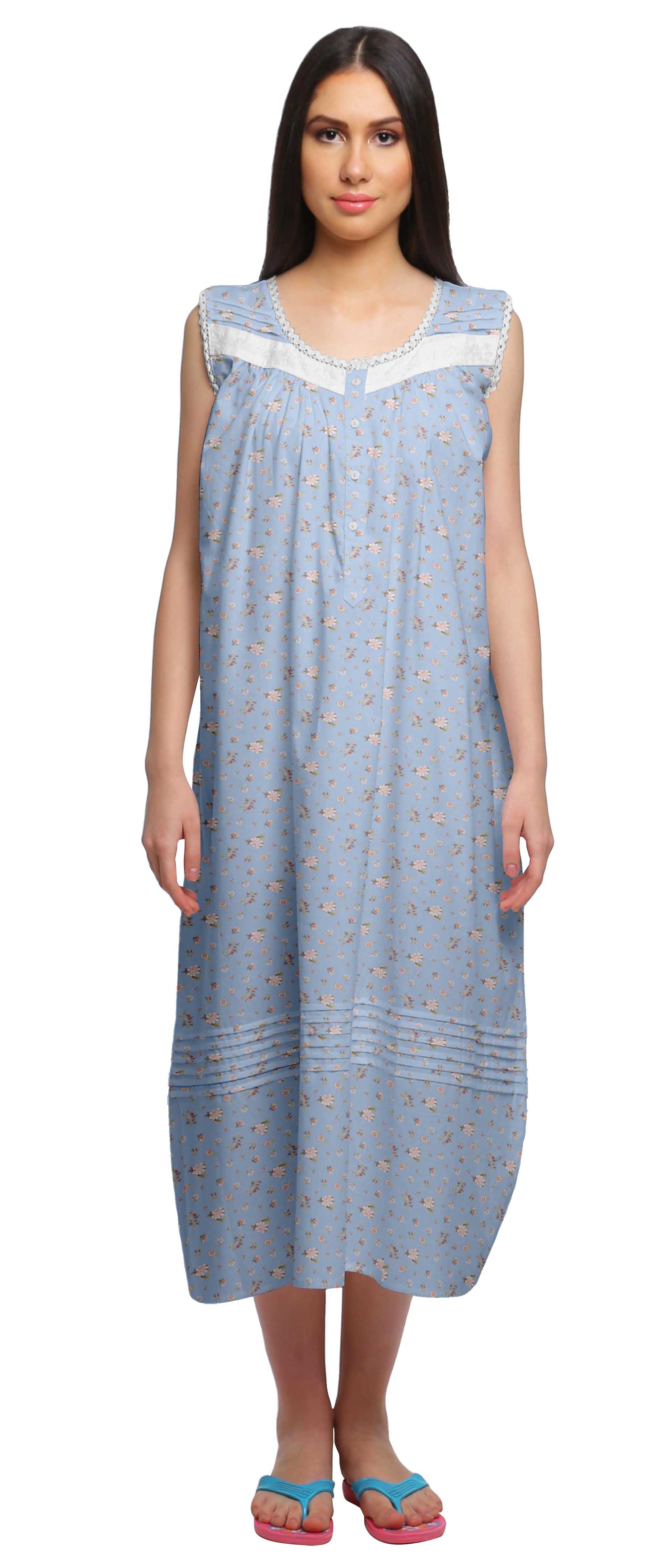 Moomaya Chemise de Nuit Mi-Longue Imprimée pour Femmes à Patte de Boutonnage en Coton