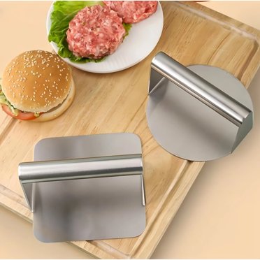 Bamboohart Ensemble de 2 Presses à Burger en Acier Inoxydable 5,5” Presse à Burger Ronde et Rectangulaire Maison Fête et Pique-Nique Gril Moulé Antiadhésif Lisse Presse à Burger Fond Plat Gril à Bacon Sans Essorage Pe