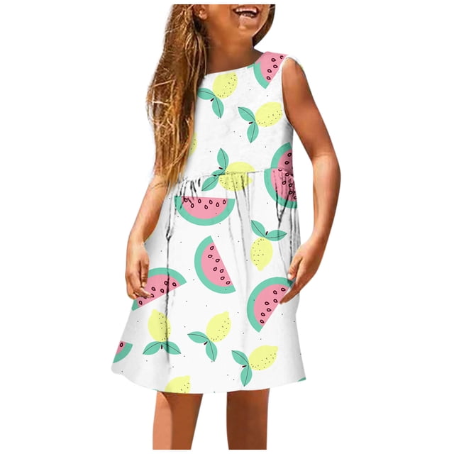 PMVFHDE Robe d'Été Fleurie pour Filles / Col Rond Sans Manches Robe Décontractée / Tenue Légère de Plage et de Vacances pour Tout-Petits à Préados Rouge,7-8