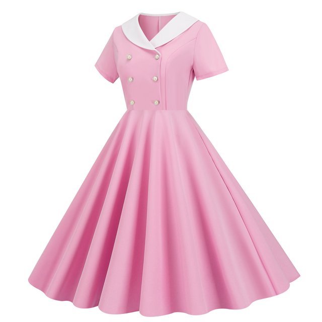 Robes d'Été pour Femmes 2025 Commerce Extérieur Col en V Manches Courtes Rétro Double Boutonnage Bouton Robe d'Été Rose S
