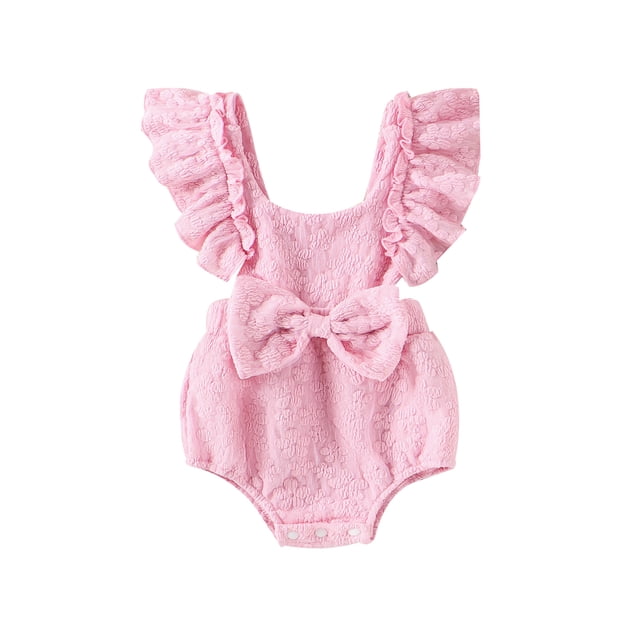 Gupgi Bow Jumpsuits for Infant Girls Summer Romper Baby Solid Color Flower Flying Sleeve Bodysuits 0-18M