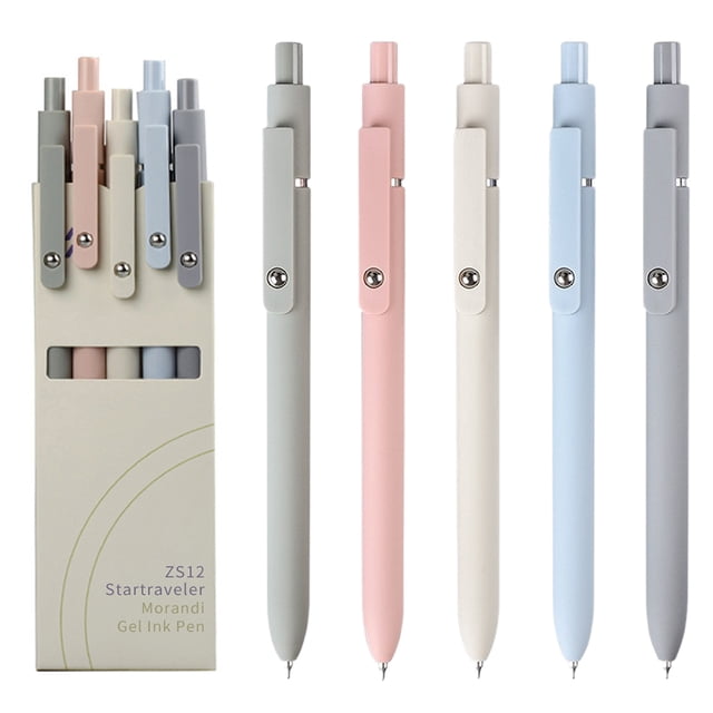 Morandi Gel Pens, 0.5mm fine point, smooth writing, high-end retractable pens for journaling and notes. The set includes five pens in soft pastel colors: gray, pink, beige, blue, and light gray. Each pen features a super soft silicone grip for comfortable use, a durable clip for easy attachment to notebooks or pockets, and black ink that writes smoothly without smearing or bleeding. Packaged in a minimalist box, these pens are ideal for school, office, or as a gift.