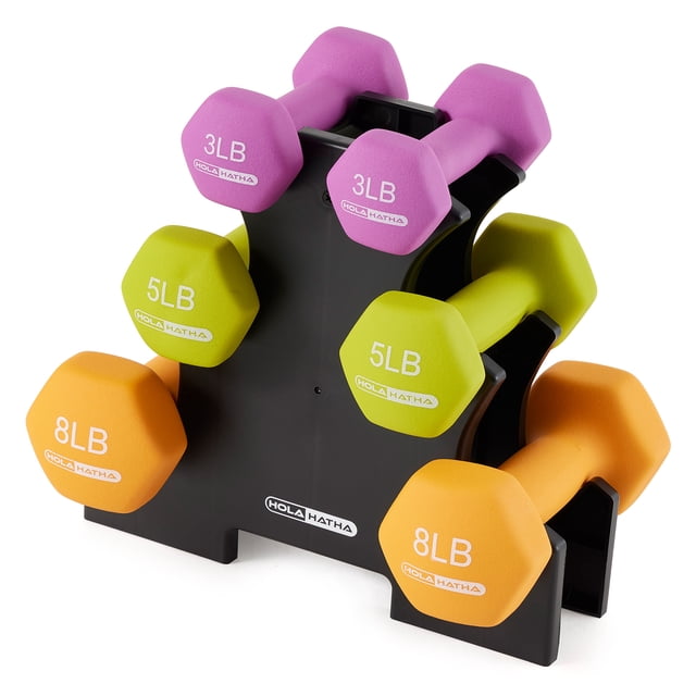 HolaHatha 3, 5 and 8 Pound Neoprene Dumbbell Strength Training Weights Set Rack — centered front view of six hex neoprene-coated dumbbells (two 3 lb pink, two 5 lb green, two 8 lb orange) on a compact black storage rack; textured non-slip handles and flat hex ends prevent rolling, weight markings visible on ends, rack dimensions 8.2 x 10.95 x 12 inches, ideal for bicep curls, lunges and home conditioning and often used as a compact hand-weight set for travel-friendly workouts.