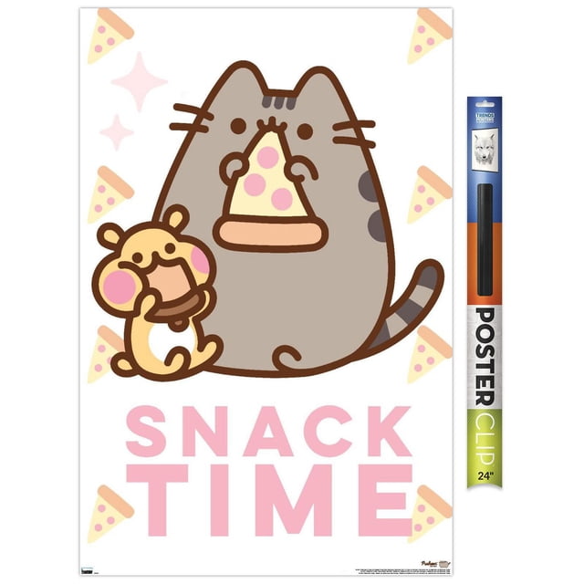 Pusheen - Snack Time Wall Poster, 14.725" x 22.375" Framed featuring cartoon cat Pusheen holding a pizza slice with a small hamster eating a cookie beside her, surrounded by pizza slice illustrations and pink 'SNACK TIME' text on a white background, suitable for decorating bedrooms, offices, or dorm rooms.