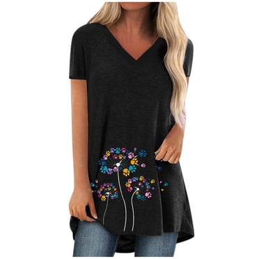Hauts d'Été pour Femmes 2023 Femmes Décontracté Grande Taille Imprimé Col en V Manches Courtes T-shirt Long Blouse Haut