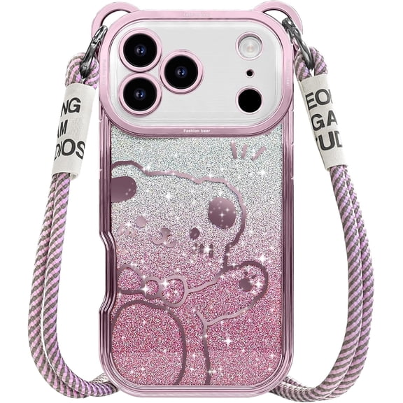 Pour iPhone 17 Pro Étui avec Courroie, Motif Mignon d'Ours Dessin Animé Scintillant Bling avec Bandoulière Lanière Pailletée pour Femmes Filles, Étui Souple TPU Antichoc pour iPhone 17 Pro