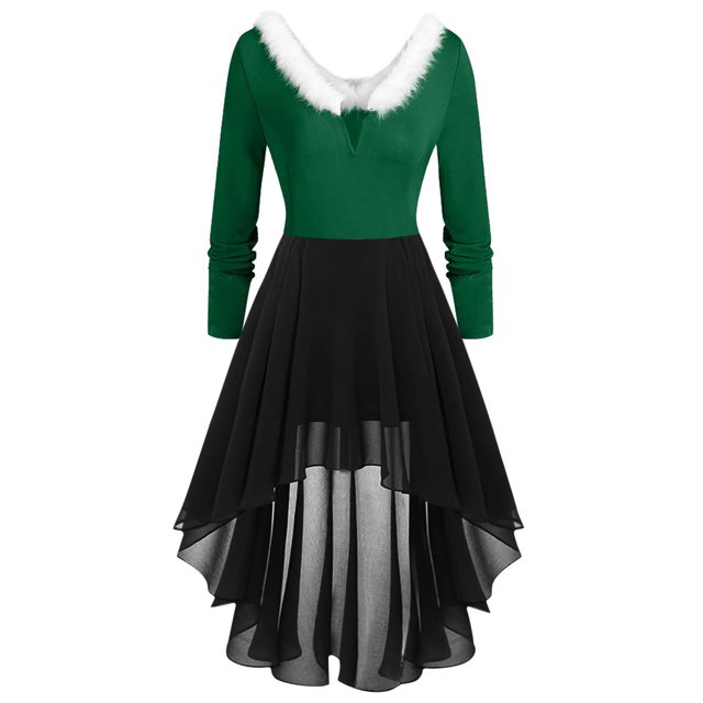 TJAZFJPA Robe Cocktail pour Femmes Cache Ventre Femmes Noël Patchwork Col en V Manches Longues Col en V Robe Asymétrique Collants pour sous Robes Robe de Collation des Grades