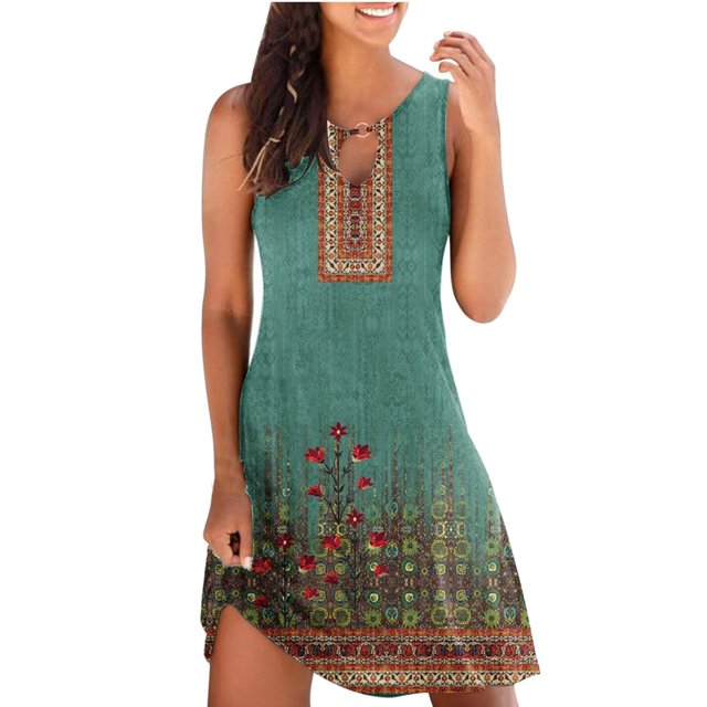 Cameland Robe Débardeur d'Été Décontractée Ample à Imprimé Floral pour Femme, Ajourée, Robe de Plage Sans Manches