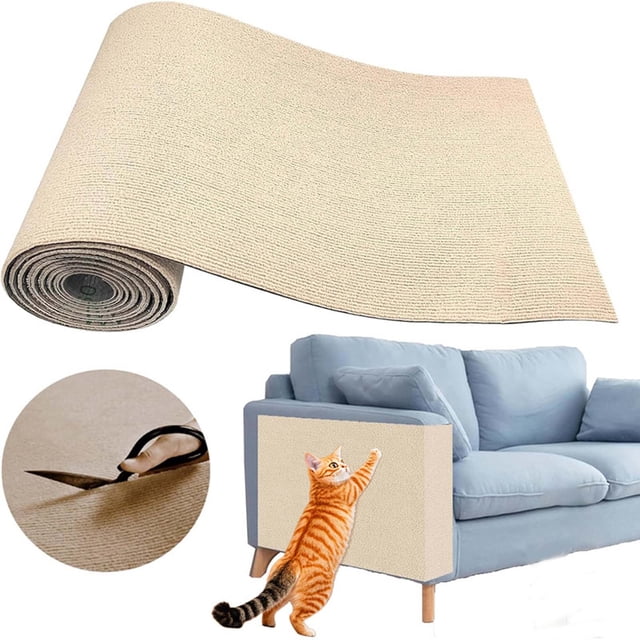 EGNMCR Tapis d'Escalade pour Chats à Pince Décontracté 60x100cm, une Planche à Griffer pour Chat Multifonctionnelle en Matériau Non Tissé durable et Résistant à l'Usure. le Tapis beige Est Montré Enroulé, avec un Gros Plan de Sa texture et une Démonstration de Son Adhérence sur le Côté d'Un sofa, Protégeant les Meubles contre les Égratignures. un Chat Est Vu Utilisant le Tapis, Mettant en Valeur Sa Fonctionnalité comme Tampon à Griffer. le Tapis Présente un Endos Adhésif pour une application et une Personnalisation Faciles.