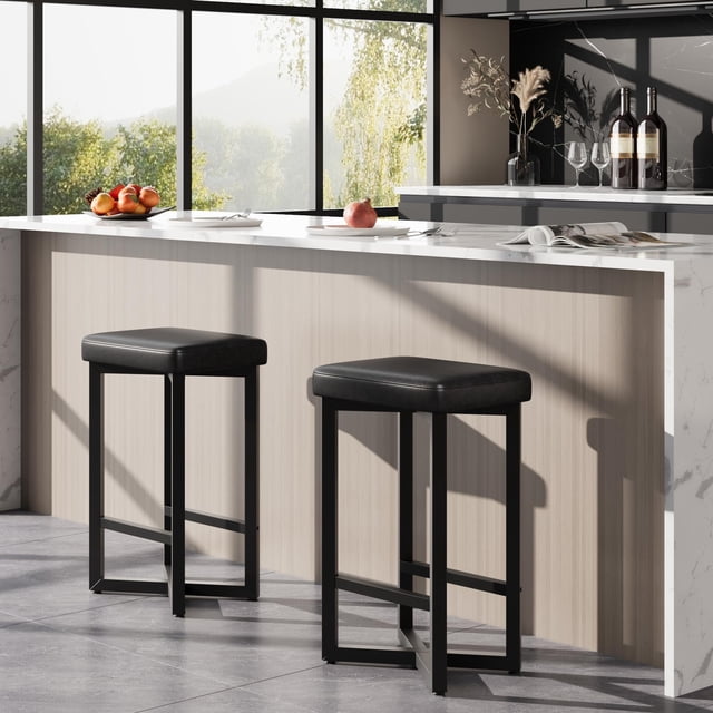BeesClover Bar Stools Set, Counter Height Backless Barstools, with Metal Frame & Footrest, Counter Height Backless Barstools with Metal x-Frame, with PU Leather for Home Bar, Dining Room