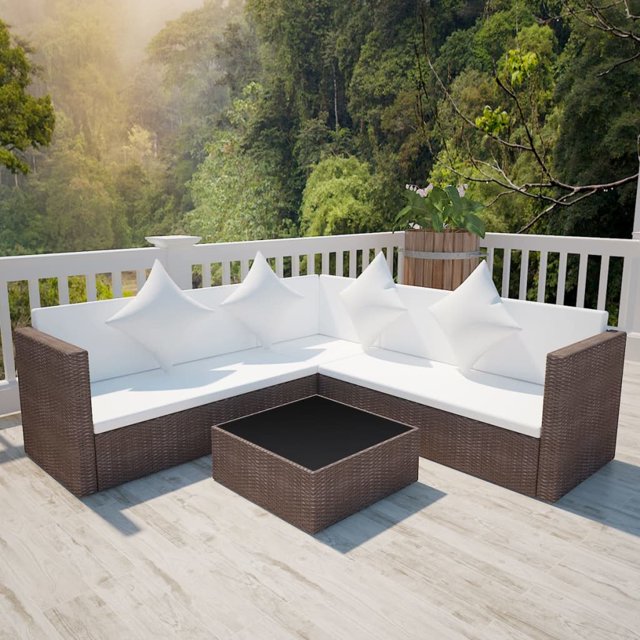 vidaXL Ensemble de Salon de Jardin 4 Pcs avec Coussins en Rotin Poly Brun