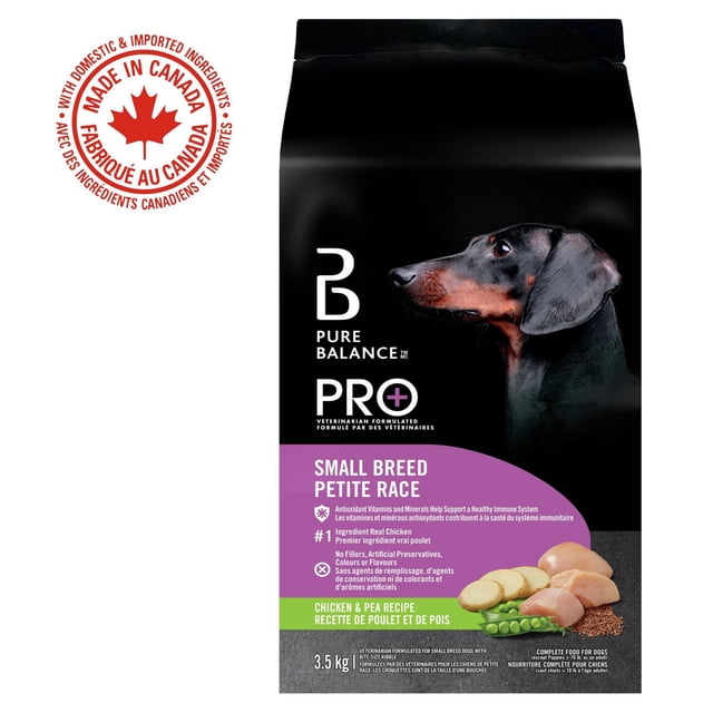 Pure Balance Pro+ Small Breed Dog Food, Chicken & Pea Recipe dry dog food bag with black and purple packaging, featuring a profile of a small black and tan dog and images of chicken, peas, and potatoes, made in Canada with domestic and imported ingredients, veterinarian formulated for small breeds with bite-sized kibble, 3.5 kg.