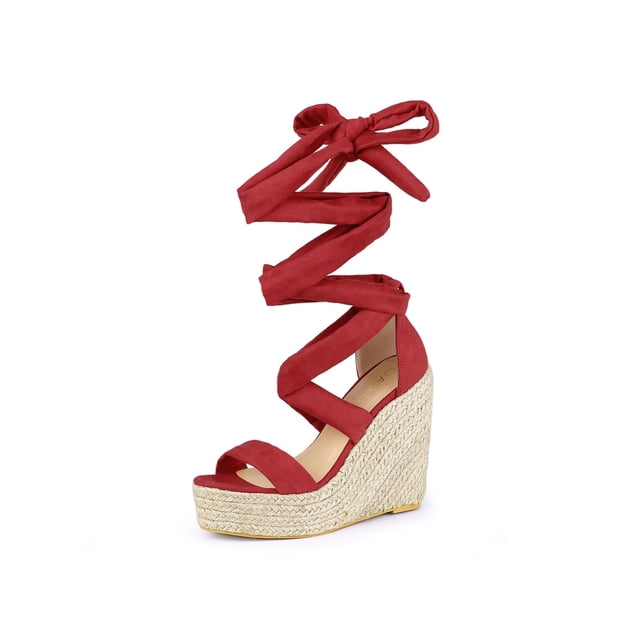 BLISSFUL STEP Sandales pour Femmes en Faux Suède à Plateforme Compensée à Lacets à Bout Ouvert Rouge 9