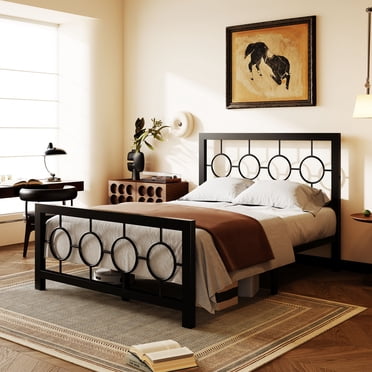 Amolife Black Full Size Metal Platform Bed Frame with Circular Vintage Headboard & Footboard
