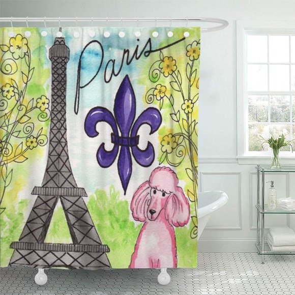 XDDJA Watercolor Pet Pink Poodle in Paris France Eiffle Tower Shower Curtain 66x72 inch