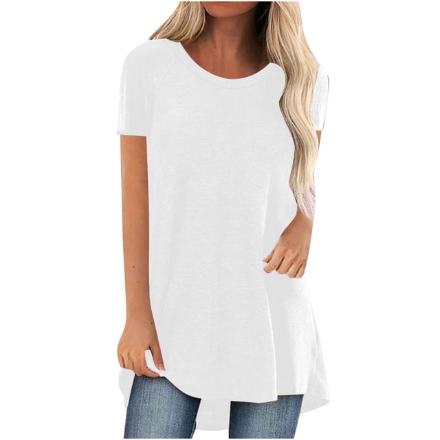 Womens Summer Solid Round Neck Loose Short Sleeve Tops T-shirt Blouse