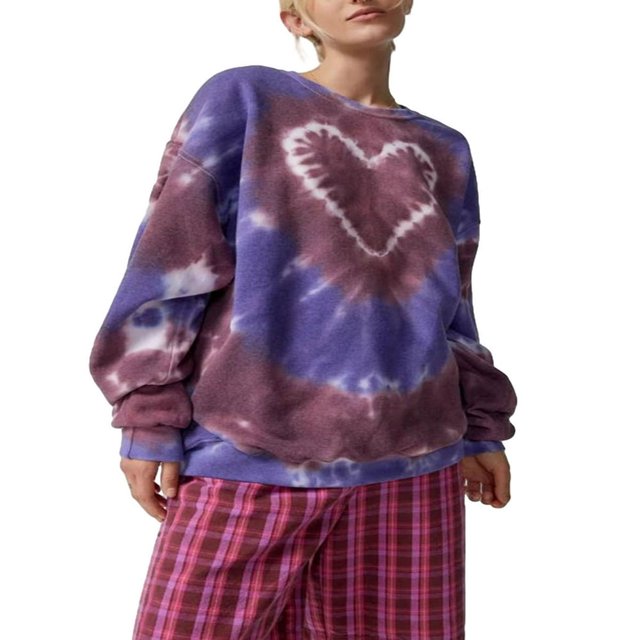 Women‘s Spring Long Sleeve Heart Tie Dye Print Crewneck Pullover