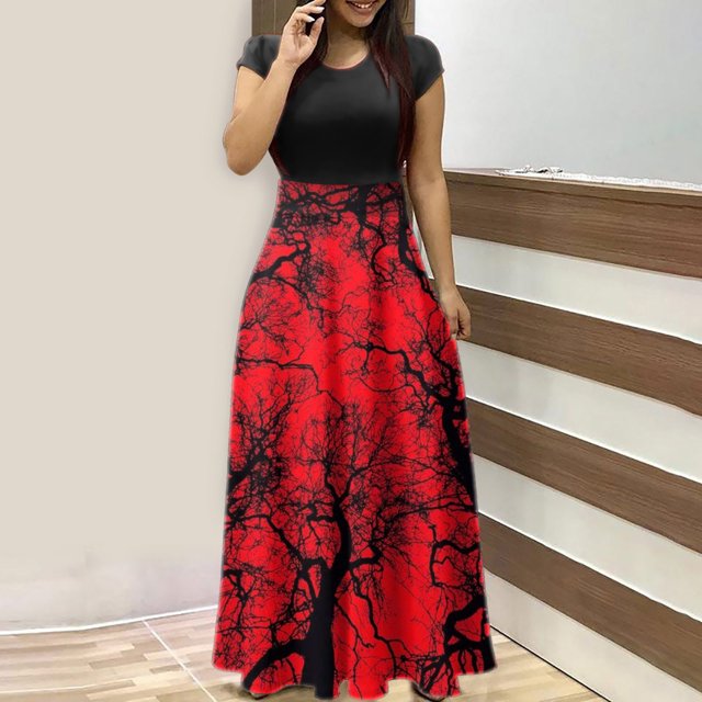 TIMIFIS Robe Maxi d'Halloween pour Femme à Manches Courtes, Cosplay d'Halloween, Robe de Fête Évasée en Ligne A, Vintage, d'Halloween, d'Horreur, Imprimée de Citrouilles, Robe de Bal de Fête Automne/hiver