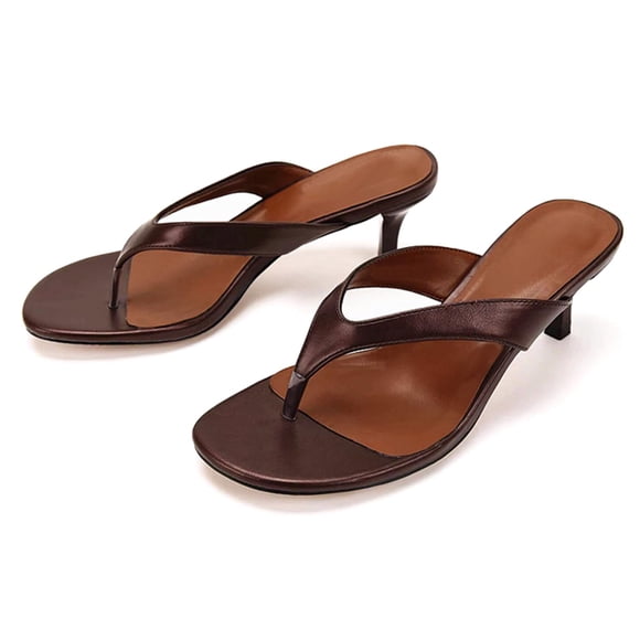 Anmrize Women's Sandals, Stiletto Heel Shoes, Flip Flop Sandals, Summer Dress Shoes, Women's Kitten Heels Flip Flops Square Toe Low Heels Slip On Comfortable Summer Thong Heeled Sandals, Brown 9