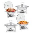 thumbnail image 1 of Ensemble de 4 Plats Ronds de 5 Qt en Acier Inoxydable de Haute Qualité pour Buffet – Réchaud Alimentaire Durable avec Couvercle en Verre, Support et Plateau d'Égouttement – Idéal pour Traiteur, Fêtes, Mariages et Banquets, 1 of 7