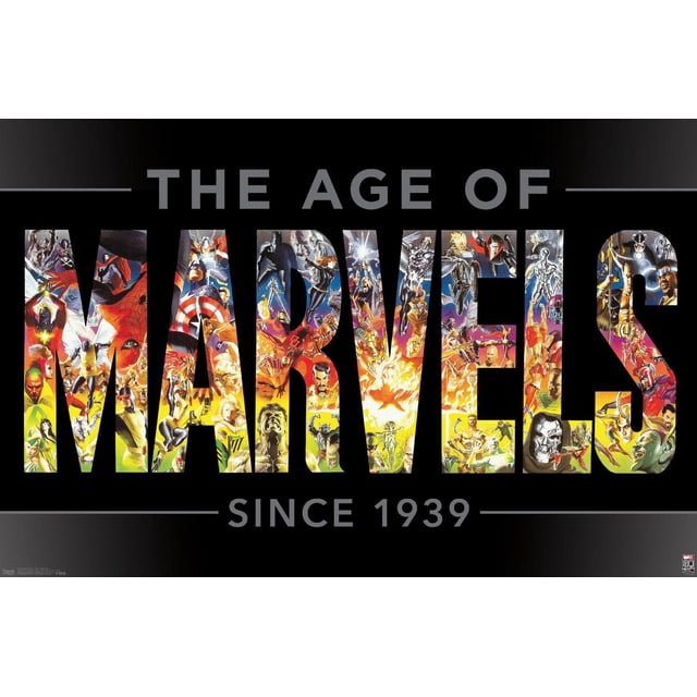 Marvel Comics - Marvel 80e Anniversaire - l'Ère des Merveilles Affiche Murale, 22,375 Po x 34 Po Mettant en Vedette la phrase « l'Ère des Merveilles depuis 1939 » sur Fond Noir, avec le Mot Merveilles Rempli d'Illustrations Vibrantes et Détaillées de Superhéros et de Méchants Marvel Couvrant Plusieurs Époques.