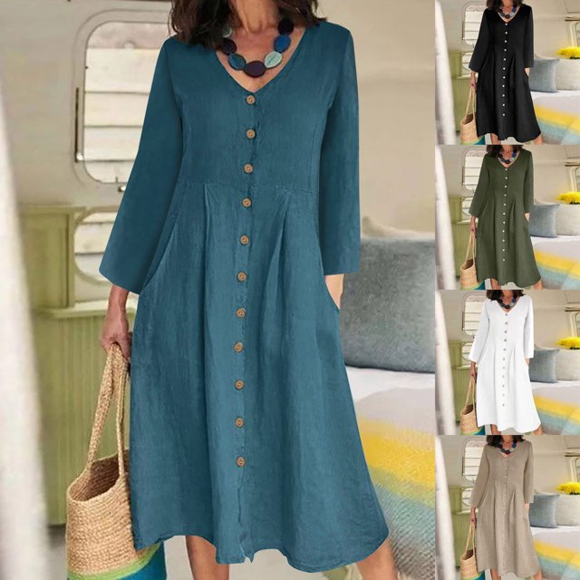 Gspmoly Robe d'Été, Mode Femmes Col en V Uni Manches Longues à Boutons Robe Décontractée Longueur Genou Robes de Soirée pour Femmes Offres Prime