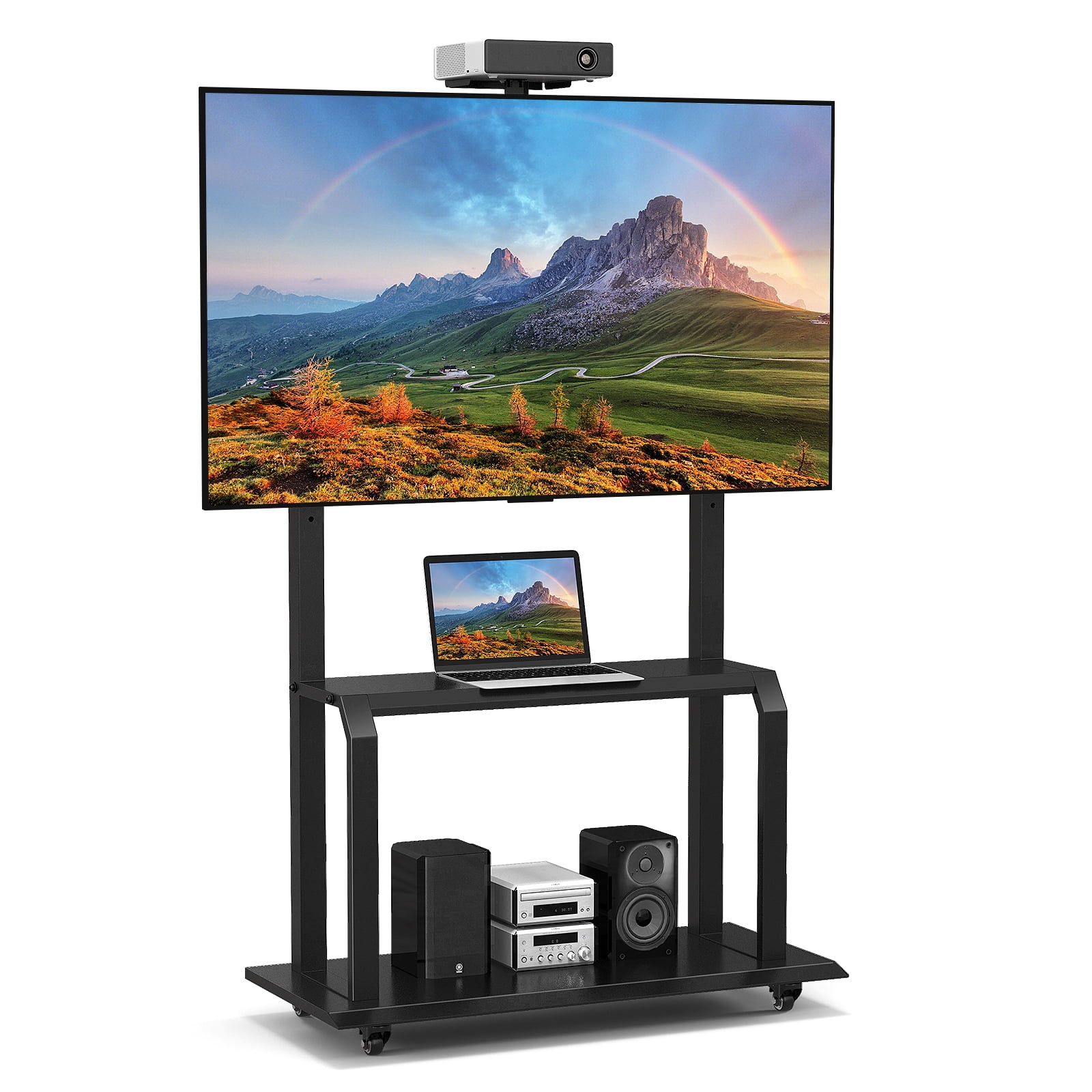 Patiojoy Mobile TV Stand Rolling TV Cart with Camera Shelf & AV Shelves Adjustable Media Console Cart for 32"-80"
