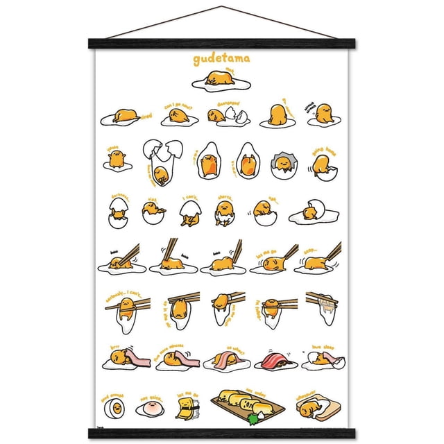 Gudetama - Grid Wall Poster, 14.725" x 22.375" featuring a grid of small illustrations of the lazy egg character Gudetama in various poses including lying down, yawning, hatching from an egg, being picked up with chopsticks, wrapped in bacon, and resting on toast, with yellow captions on a white background, framed with black wooden bars and hanging by a string, suitable for home décor and wall art.