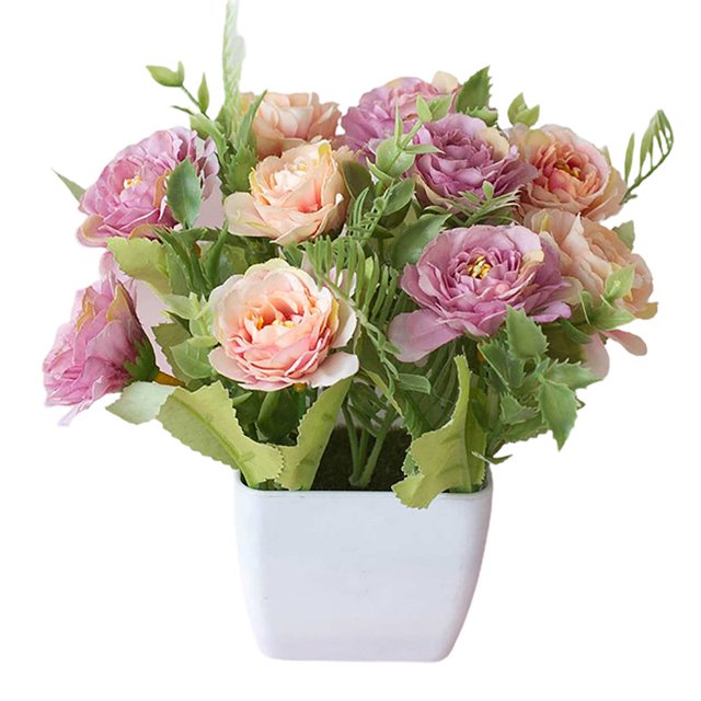 MesaSe 2 Pcs European Style Tea Rose Artificial Flower Pot Bonsai Garden Table Room Decor(Rose Red)