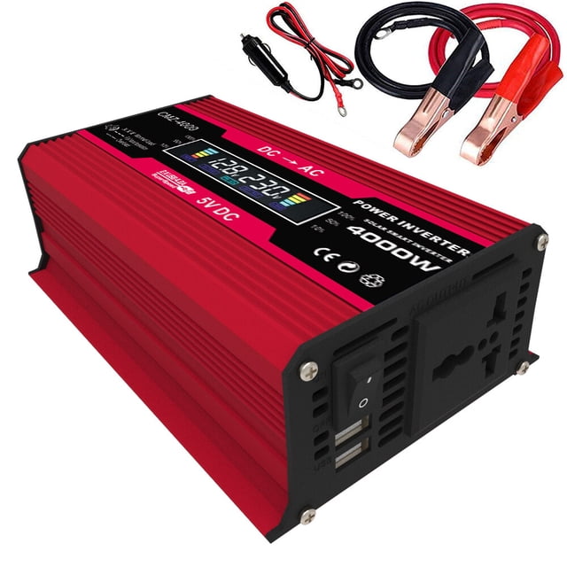 Generic Compact 12V to 110V Power Inverter with 300W Rated Power, 4000W Surge, Dual USB Ports, AC Outlets, and LED Voltage Display for Travel, Camping, and RV Use