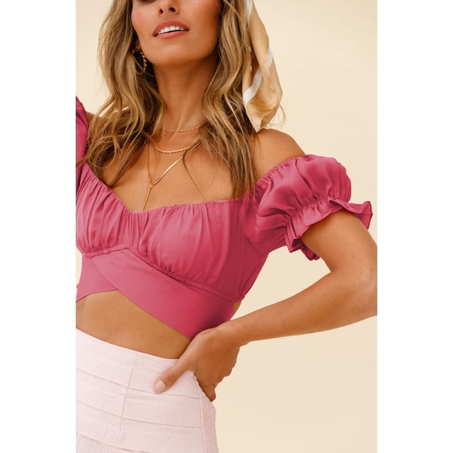 Women's Ruffle Short Sleeve Tie Up Back Crop Top Off Shoulder Bardot Blouse,Rose,XL