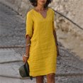 thumbnail image 2 of 2025 et Lin Courte Femme Décontractée Été Manche Vacances Semi Décontractée Mi-Longue Robe Femme Col en V Mini Décontractée Été Plage Robe Couleur Unie Robe Femme, 2 of 7