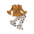 thumbnail image 1 of Kmbangi Toddler Girl Fall Clothes Letter Print Long Sleeve Crewneck Ribbed Tops Flare Pants Set 2Pcs Outfit, 1 of 9