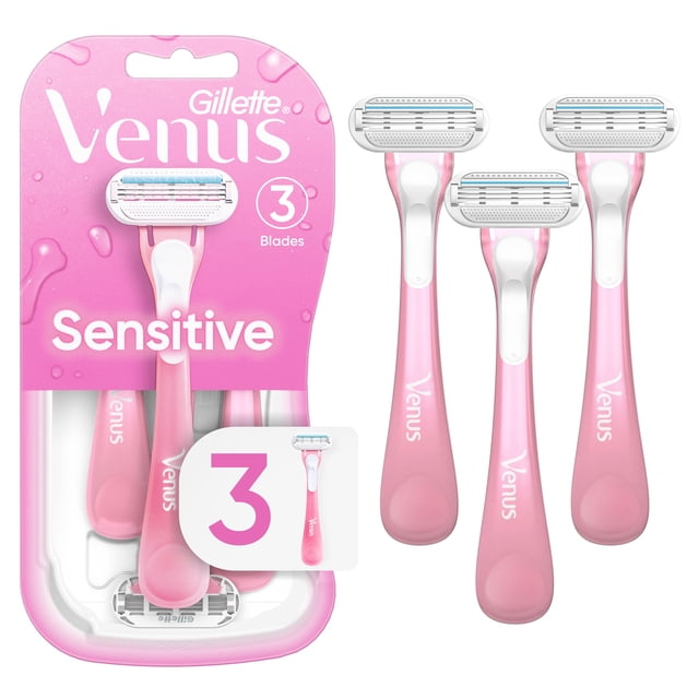 Gillette Venus Ensemble Jetable pour Femmes Sensibles Razor avec Trois Rasoirs Roses avec Trois Lames et SkinElixir lubrastrip pour une Glisse Fluide, Conçu pour les Peaux Sensibles avec des Poignées Ergonomiques à Prise Douce et des Têtes Pivotantes Qui Épousent les Courbes pour un Rasage de Près et Confortable.