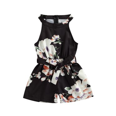 Xingqing Fashion Kids Girls Jumpsuits Flowers Printed Strapless Sleeveless Halter Bow Belt Elastic Romper