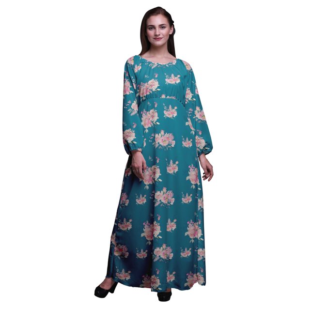Bimba Moss Georgette Rose & Ranunculus Floral Printed Womens Long Sleeve Elastic Waist MaxiDressGown-XX-Large