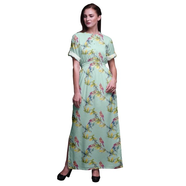 Bimba Rayon Bulbul Bird Ladies Long Gown Boho Beach Cocktail Party Maxi SlitDress-Medium