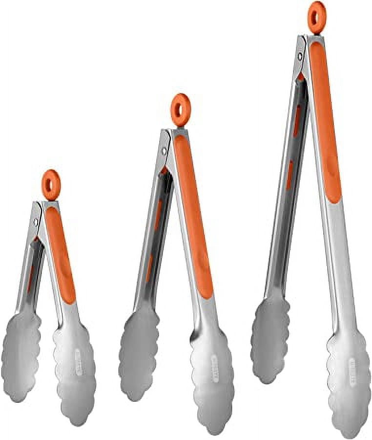 Pinces de Cuisine en Acier Inoxydable 18/8: U-Taste 7+9+12 Pouces, Pince de Cuisson Résistante à la Chaleur avec Pointes Métalliques Robustes et Poignée en Silicone Antidérapante et Verrouillage Fluide pour Servir un BBQ (Ensemble de 3, Orange)