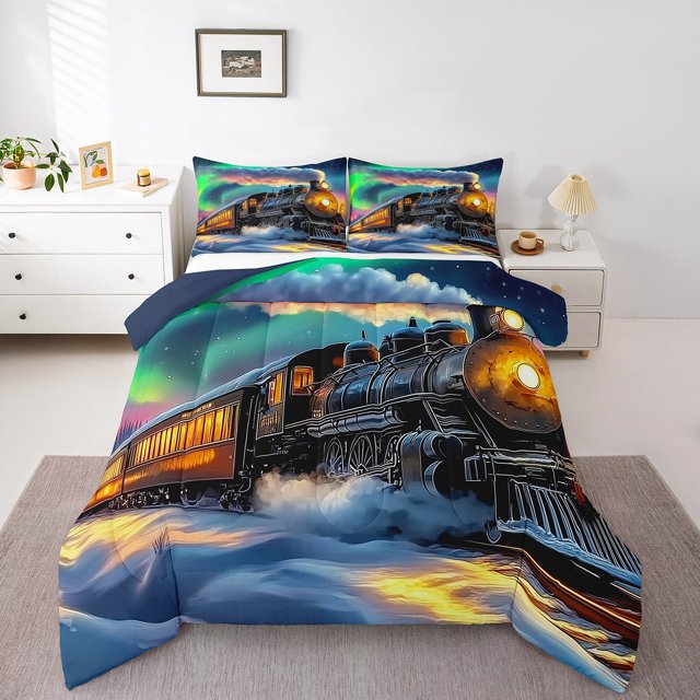 Erosebridal Ensembles de Literie Vintage Train Simple avec Couette, Insert de Couette Aurora, Décor de Neige d'Hiver, Réversible 2 Pcs