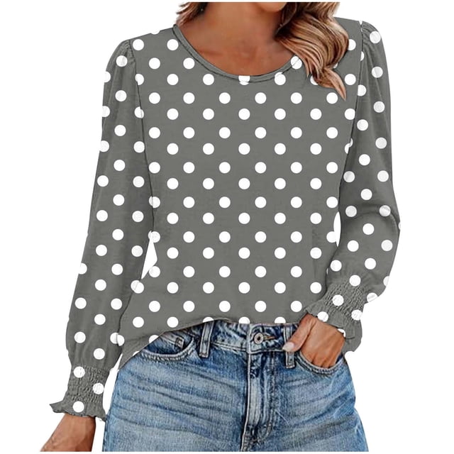 HAiming Chemises à Pois pour Femmes Décontractées à Col Rond Hauts à Volants Plissés Blouse Basique Chic T-Shirts de Travail
