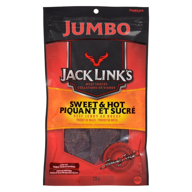 JACK LINK'S SWEET & HOT 230G JERKY Sac jumbo Refermable avec Motif Rouge, Noir et orange, Contenant du Bœuf Assaisonné Sucré et Piquant JERKY, Étiqueté comme Collation de Viande Faible en Gras et Riche en Protéines du Brésil, Idéal pour une Collation Pratique.