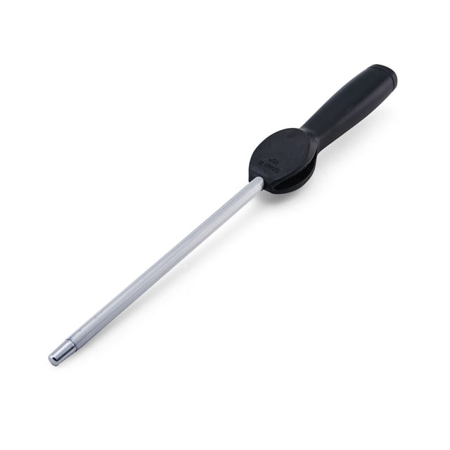 Farberware EZ Angle Sharpening Steel with 8-inch stainless steel rod and black ergonomic handle featuring angled bolster for precise 15 and 20 degree sharpening and honing, suitable for kitchen knife maintenance.