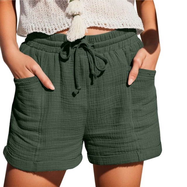 Timegard Womens Lounge Shorts Cotton Linen Elastic Waisted Drawstring Summer Loose Shorts with Pockets