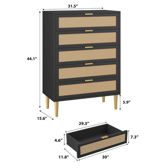 EDTara Rattan 5 Drawer Dresser, 44'' Tall Narrow Chest of Drawer, Farmhouse Wooden Vertical Dresser with Metal Legs and Handles, Modern Cabinet for Bedroom, Living Room